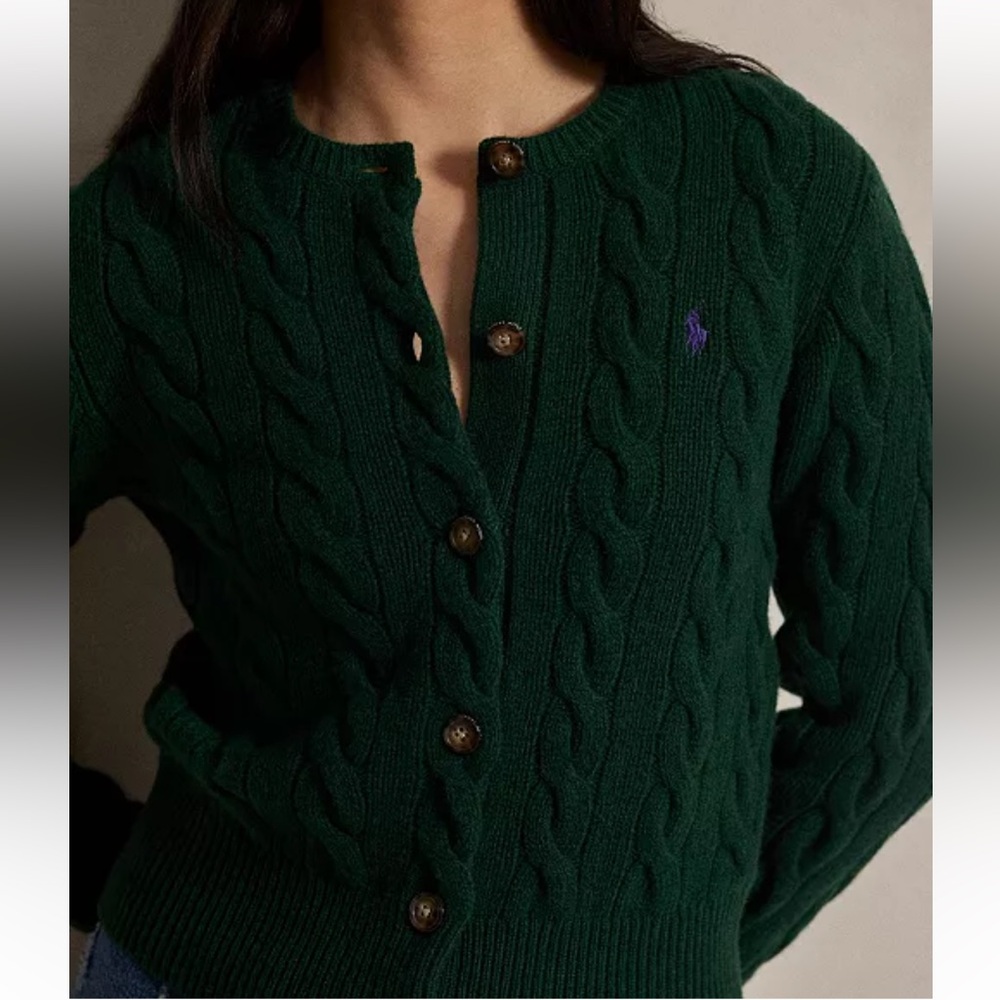 Polo Ralph Lauren Cable-Knit Wool-Cashmere Cardigan Sweater in Castleton Green - Picture 3 of 7